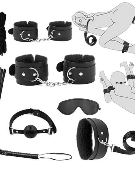 7-Pcs BDSM Kit for Beginners, Black Bondage Set for Couples with Adjustable Wrist & Ankle Cuffs, Collar, Blindfold, Ball Gag, Flogger & Ropes, Complete Adult Toy